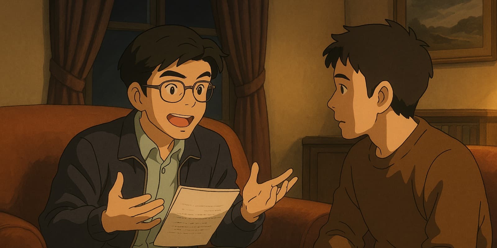 Asfahan and Kashif talk in a lamplit room, a still from Heart of a Creator