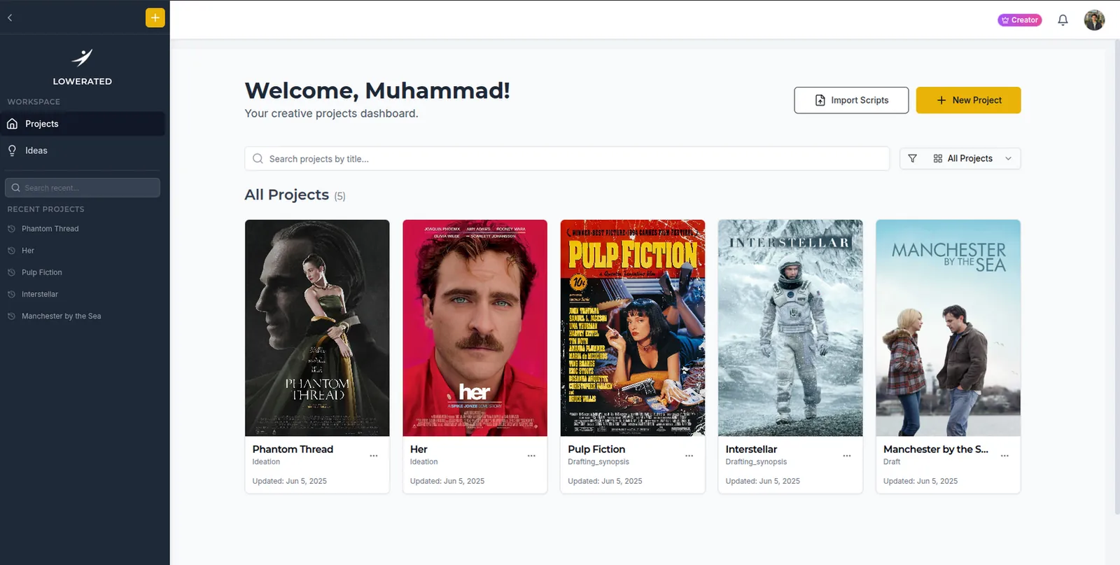 Lowerated projects dashboard welcoming Muhammad, with five project cards: Phantom Thread, Her, Pulp Fiction, Interstellar and Manchester by the Sea